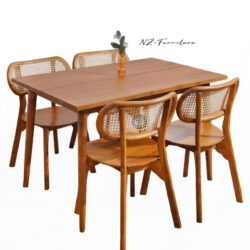 set meja makan kayu jati minimalis 4 kursi rotan