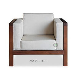 Square block teak armchair with white cushions minimalist design